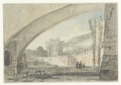 Udsigt under en bro til terrasser og en trappe af Louis Gabriel Moreau