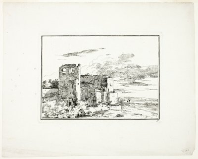 Ruinerede bygninger nær en flodbred, plade 9 fra Quatrieme suite de paysages dessinés et grave a l