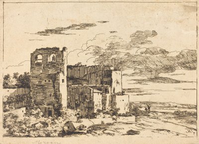 Ødelagte bygninger nær en flodbred af Louis Gabriel Moreau the Elder
