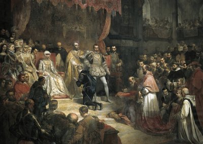 Abdikationen af Karl V (1500-1558) til fordel for hans søn Filip II (1527-1598) af Louis Galna