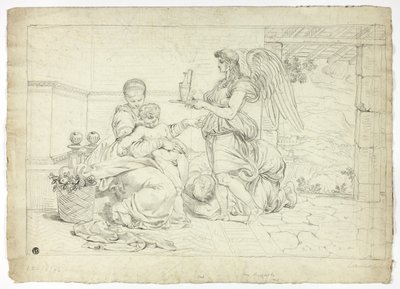 Den hellige familie med engel, der bærer æggestok (recto); højre halvdel af skitse til lunette (verso) af Louis Gauffier