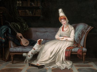 Portræt af Elizabeth, Lady Webster, senere Lady Holland, i en hvid kjole med sin spaniel Pierrot, ca. 1795 af Louis Gauffier