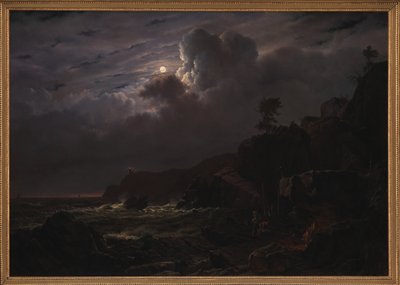 Udsigt over Kullen i Sverige. Smuglere gemmer deres varer blandt klipperne. Måneskin af Louis Gurlitt