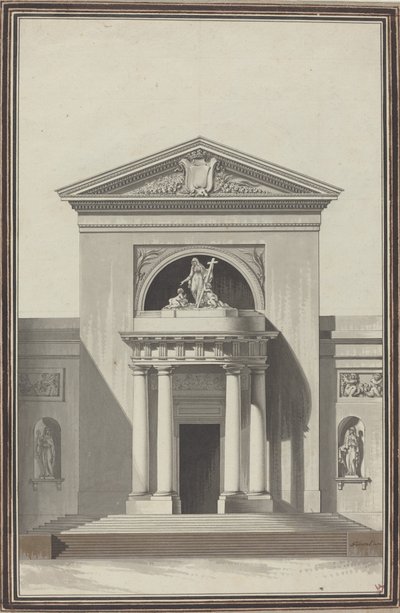 Facade til en kirke med en skulptur, der repræsenterer tro af Louis Gustave Taraval
