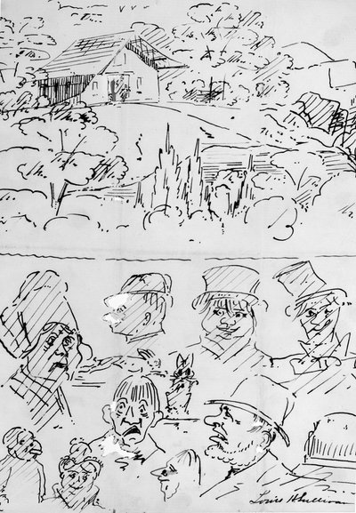 Landskab med bygning (øverst) og karikaturstudier af hoveder (nederst) af Louis H. Sullivan