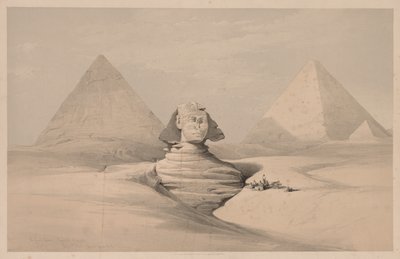 Egypten og Nubien: bind I - nr. 18, Den store sfinks, Pyramiderne i Gizeh, set forfra af Louis Haghe