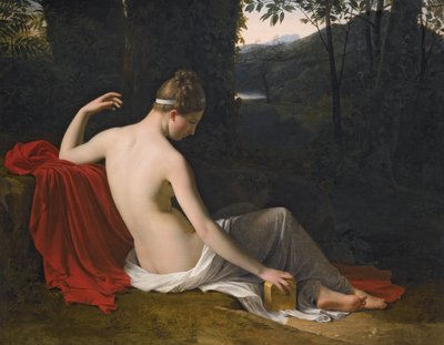 Pandora tilbagelænet i et skovklædt landskab af Louise Marie Jeanne Hersent