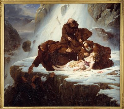 De religiøse på hospice Saint Gotthard (San Gottardo) giver nødhjælp til familier, der er ramt af soldaterne Maleri af Louis Hersent (1777-1860) 1824 af Louis Hersent