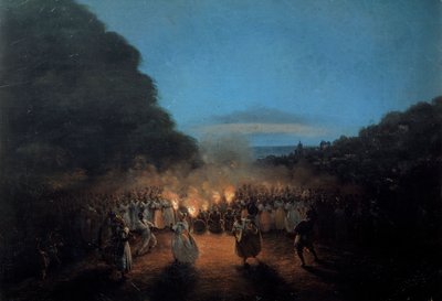 Bamboula danser engang bambus (eller pinde) i Vestindiens sorte slavedansescene i lyset af fakler. Maleri af Honore Gamain (1803-1871) La Rochelle fra det 19. århundrede, Museum of the New World af Louis Honore Gamain