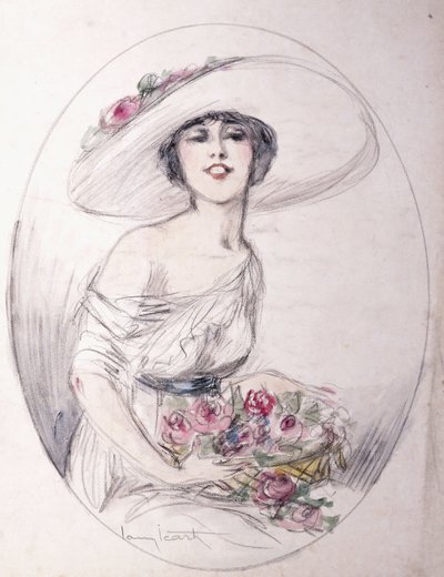 Pige med buket blomster af Louis Icart