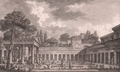Ideel rekonstruktion af Villa of Diomedes i Pompeji til sin oprindelige tilstand før vulkanudbruddet af Vesuv i 79 e.Kr., Campania, Italien, radering efter tegning af Louis Jean Desprez (1743-1804), ca 21x34 cm af Louis Jean (after) Desprez