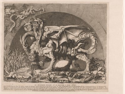 Kimær Chimaera The Chimera of Monsieur Deprez (original titel) Det afrikanske trehovedede monster eller det trehovedede monster (titel på objektet) af Louis Jean Desprez