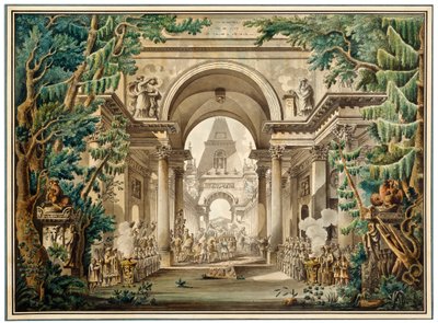 Procession i et tempel. Scenografi til et teaterstykke fra det 18. eller tidlige 19. århundrede af Louis Jean Desprez