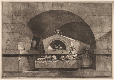 Tomb with Sphinx: Funerary Monument with an Owl on a Sarcophagus Supported by Sphinx, ca. 1779-84. af Louis Jean Desprez