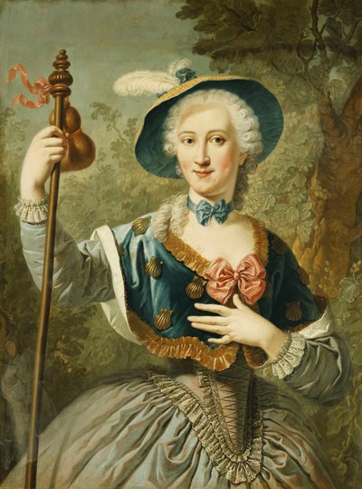 Portræt af en dame, trekvart længde, klædt som en pilgrim og iført en blå foret stråhat og fjer, 1747 af Louis Jean François Lagrenée