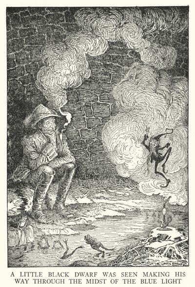 En lille sort dværg blev set på vej gennem det blå lys (litho) af Louis John Rhead