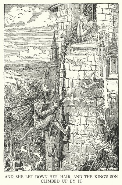 Og hun slap sit hår, og kongens søn klatrede op af det (litho) af Louis John Rhead