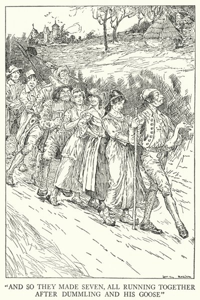 "Og så de lavede syv, alle sammen løb efter Dummling og hans gås" (litho) af Louis John Rhead