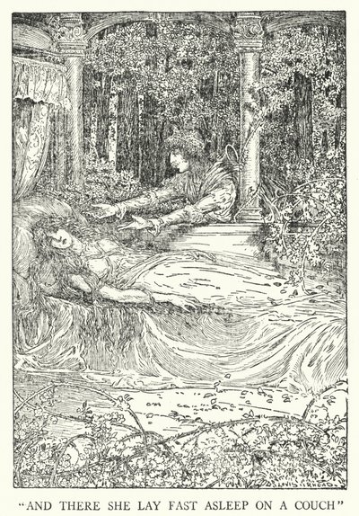 "Og der lå hun og sov på en sofa" (litho) af Louis John Rhead