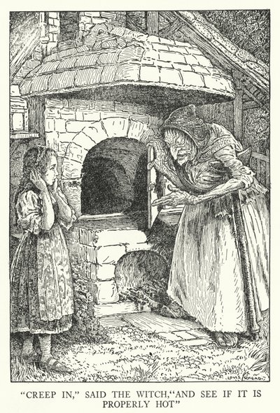 "Kryb ind," sagde heksen, "og se om det er ordentligt varmt" (litho) af Louis John Rhead
