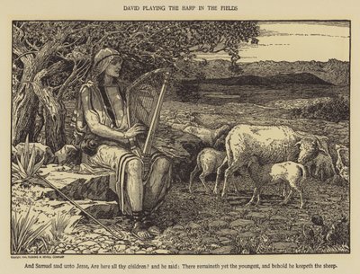 David spiller på harpe på markerne af Louis John Rhead