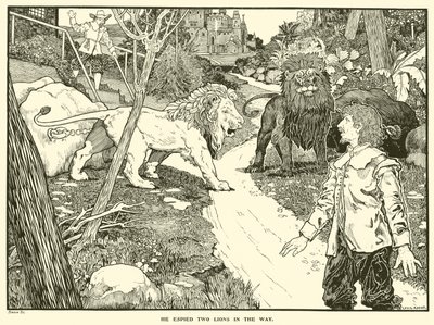 Han sprang to løver på vejen (gravering) af Louis John Rhead