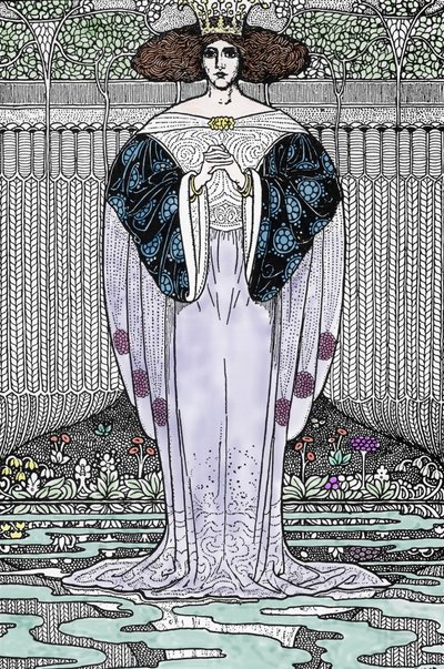Repræsentation af Lady of the Lake (Nimue, Viviane) Illustration af Louis Rhead (1858-1926) til "Kong Arthur og hans riddere"" af Louis John Rhead