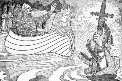 Repræsentation af Lady of the Lake (fee viviane), karakter af de Arthur-legender, der giver kong Arthur den anden Excalibur (Arthurisk legende: Lady of the Lake (Nimue, Viviane) giver kong Arthur sit sværd Excalibur) Illustration af Louis Rhead (1858) -1 af Louis John Rhead