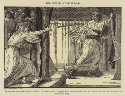 Saul kaster sit spyd mod David af Louis John Rhead