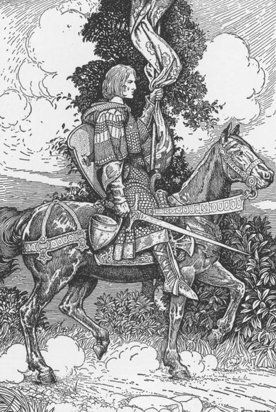 Sir Tristam rider til Tintagil slot Illustration af Louis Rhead (1858-1926) fra "Kong Arthur og hans riddere" 1923 Privat samling af Louis John Rhead