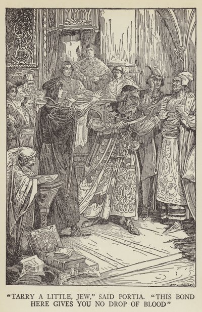Bliv lidt, jøde, sagde Portia, dette bånd her giver dig ingen bloddråbe af Louis John Rhead