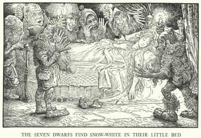 De syv dværge finder snehvide i deres lille seng (litho) af Louis John Rhead