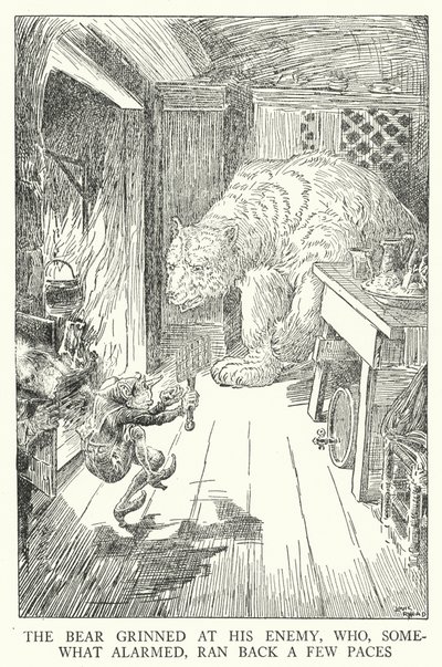 Bjørnen grinte til sin fjende, som lidt forskrækket løb et par skridt tilbage (litho) af Louis John Rhead