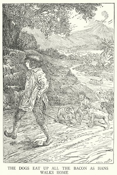 Hundene spiser al baconet op, mens Hans går hjem (litho) af Louis John Rhead