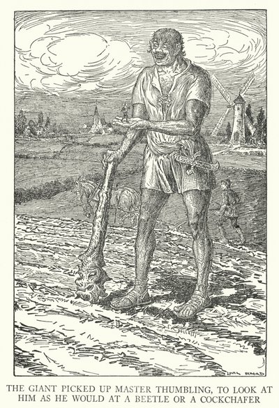 Kæmpen samlede Master Thumbling op for at se på ham, som han ville på en bille eller en cockchafer (litho) af Louis John Rhead