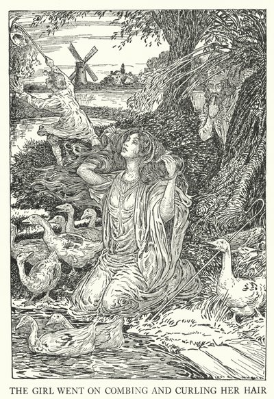 Pigen fortsatte med at rede og krølle sit hår (litho) af Louis John Rhead