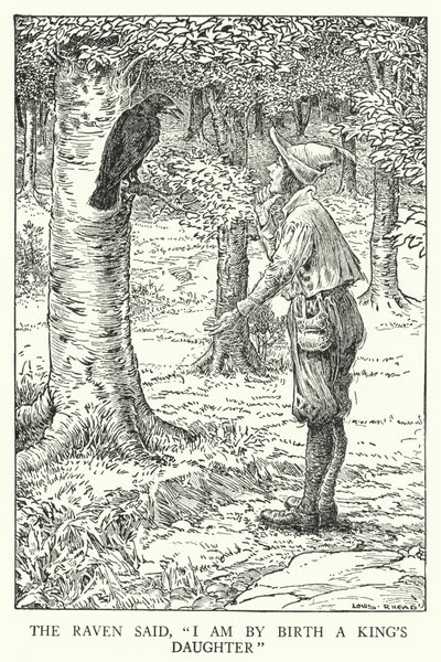 Ravnen sagde: "Jeg er af fødsel en kongedatter" (litho) af Louis John Rhead