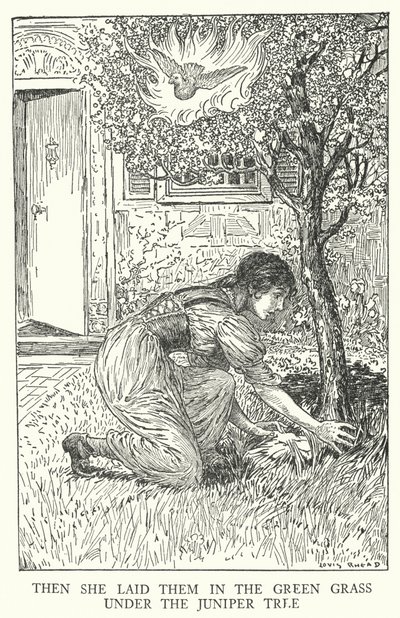 Hun lagde dem i det grønne græs under enebærtræet (litho) af Louis John Rhead