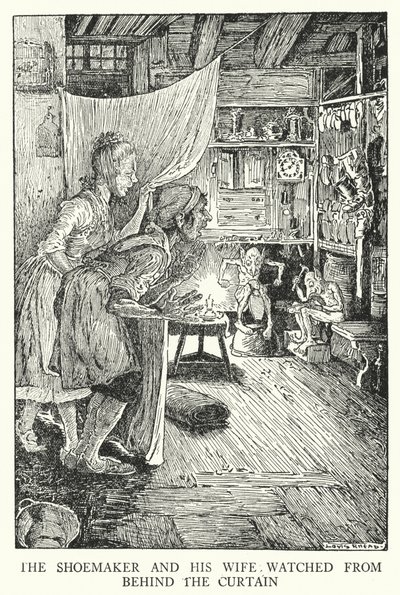 Skomageren og hans kone så bag forhænget (litho) af Louis John Rhead