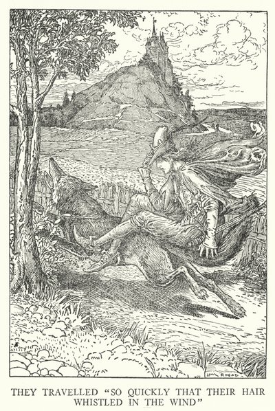 De rejste "så hurtigt, at deres hår fløjtede i vinden" (litho) af Louis John Rhead