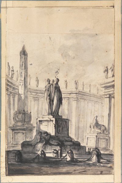 Arkitektonisk fantasi med springvand og obelisk af Louis Joseph Le Lorrain