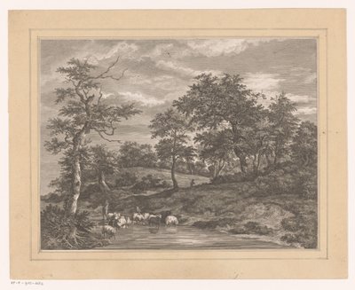 Skovlandskab med en hyrde ved en dam Le Petit Au Revoir af Louis Joseph Masquelier