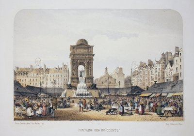 Fountain of the Innocents (Nymphernes Fountain), Paris. Litografi akvarel, illustration af Arnout, i "Album, souvenirs de Paris"", Daziaro-redaktør, Paris af Louis Jules Arnout