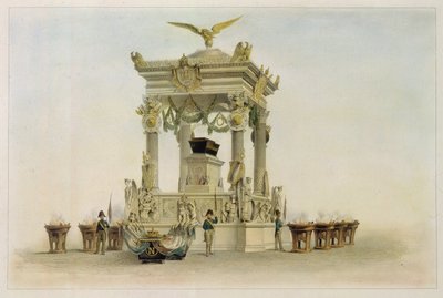 Napoleon I Bonapartes kiste (1769-1821) i Invalides kirken (Paris, Frankrig). (Napoleons kiste i kirken ved Les Invalides). Værk af Louis Jules Arnout (1814-1868), litografi og akvarel. 1800-tallets franske kunst, klassicisme. af Louis Jules Arnout