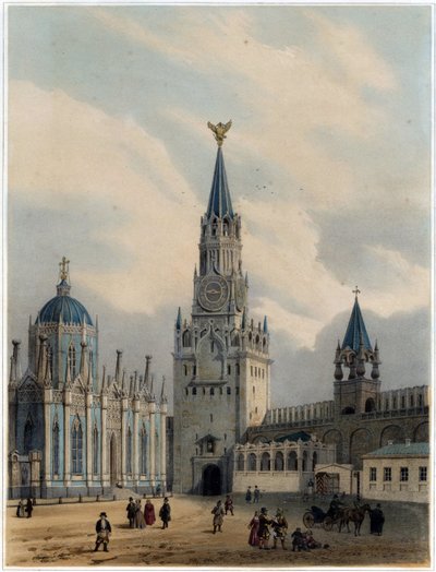 ""Udsigt over Den Hellige Frelsers Tårn (eller Spasskaia-tårnet) og på den røde plads, Kreml, Moskva"" (The Spasskaya Tower (Saviour Gates) og Saint Catherine Church of Ascension Convent i Moskva Kreml) Litografi af Louis Jules Arnout (1814-1868) - 1 af Louis Jules Arnout