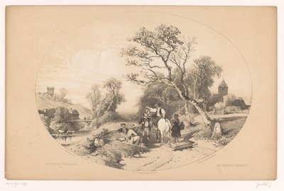 Rytter beder om information undervejs Le renseignement (titel på objekt) Maleriske gåture (serietitel) Promenades maleriske (serietitel på objekt) af Louis Julien Jacottet