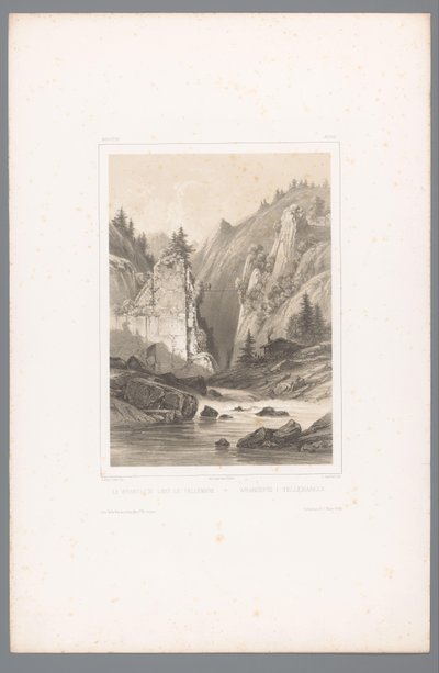 Udsigt til en bro over en klippekløft i Telemark Le Wrangefos dans le Tellemark / Wrangefòs i Tellemarken (titel på objekt) Faces in Scandinavia (serietitel) Vues du Nord. Norvege (serietitel) af Louis Julien Jacottet