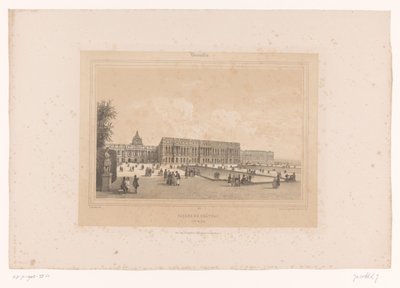 Udsigt over slottet i Versailles fra haven Facade du Château, Côté du Parc (titel på objekt) Ansigter i og omkring Paris (serietitel) Versailles (serietitel på objekt) af Louis Julien Jacottet