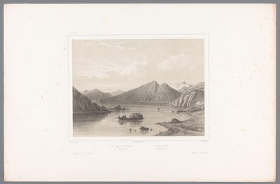 Udsigt over Norsjø i Telemark Le lac du Nord à Tellemarken / Nordsjóen i Tellemarken (titel på objekt) Faces in Scandinavia (serietitel) Vues du Nord. Norvege (serietitel) af Louis Julien Jacottet