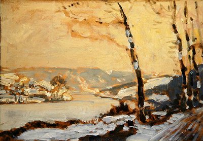 Fulda-dalen, nær Kassel, med sne (olie på pap) af Louis Kolitz